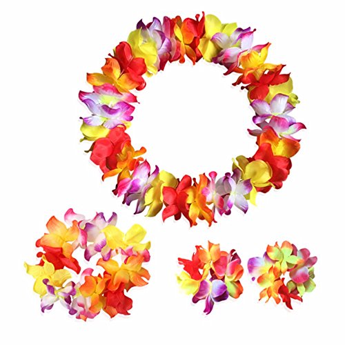JEKANEL Kids Hawaiian Hula Skirt Set – 40cm Double Layer Thickened with Flower Accessories