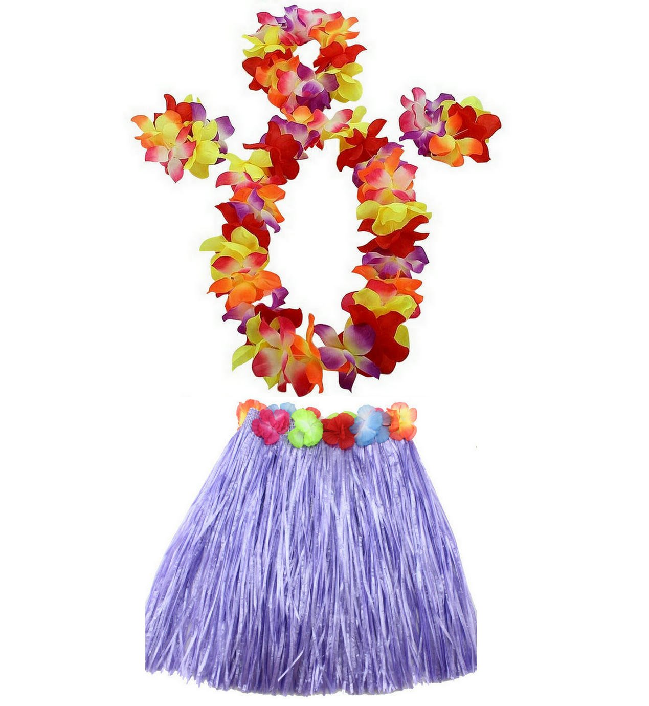 JEKANEL Kids Hula Grass Skirt Set - 40cm Double Layer Thickened Hawaiian Luau Party Costume with Flower Accessories