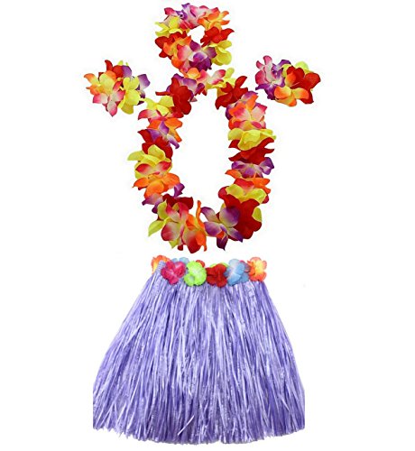 JEKANEL Kids Hula Grass Skirt Set - 40cm Double Layer Thickened Hawaiian Luau Party Costume with Flower Accessories