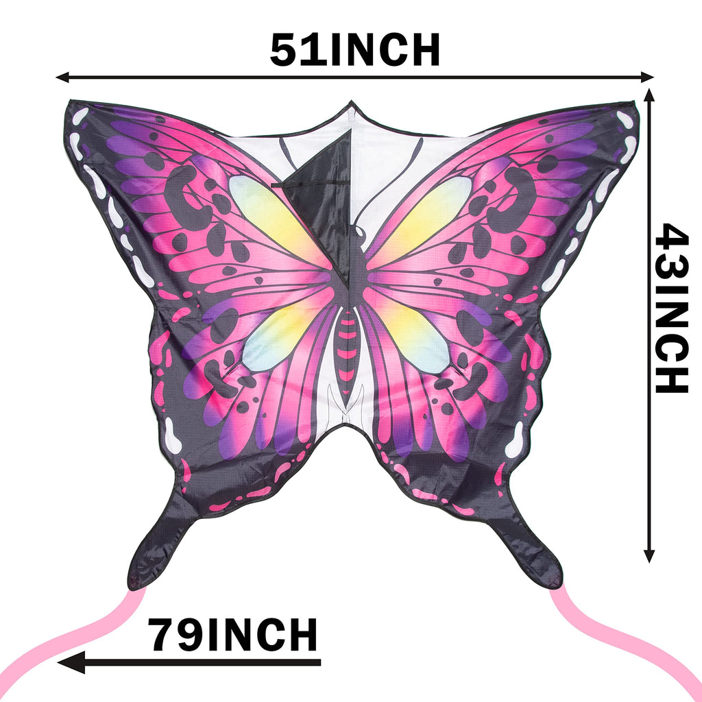 JEKOSEN Large Butterfly Kite for Kids and Adults – 51" Wing, 79" Tail, Easy to Fly Beginner Single Line with 330ft String, Pink