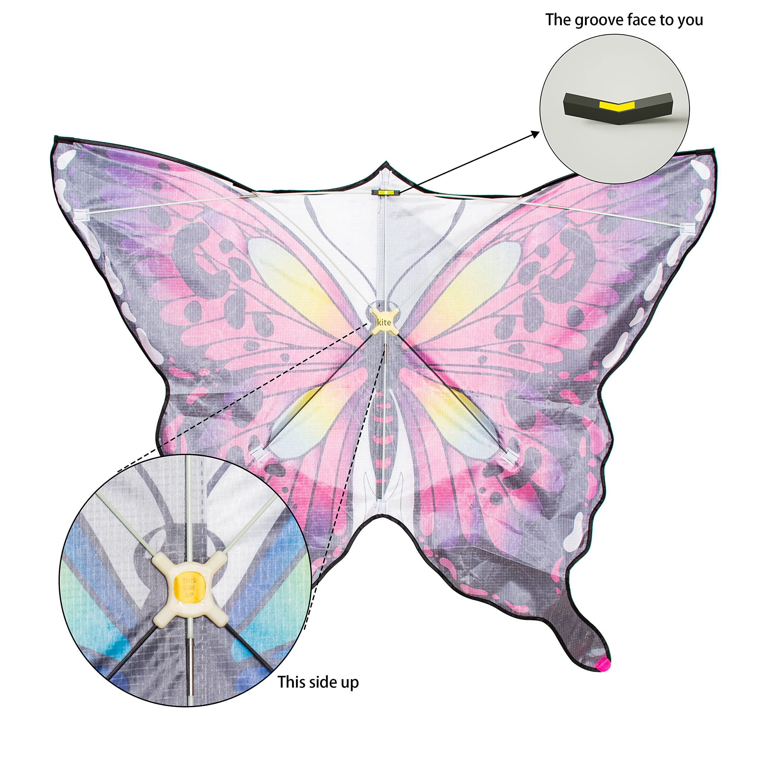 JEKOSEN Large Butterfly Kite for Kids and Adults – 51" Wing, 79" Tail, Easy to Fly Beginner Single Line with 330ft String, Pink