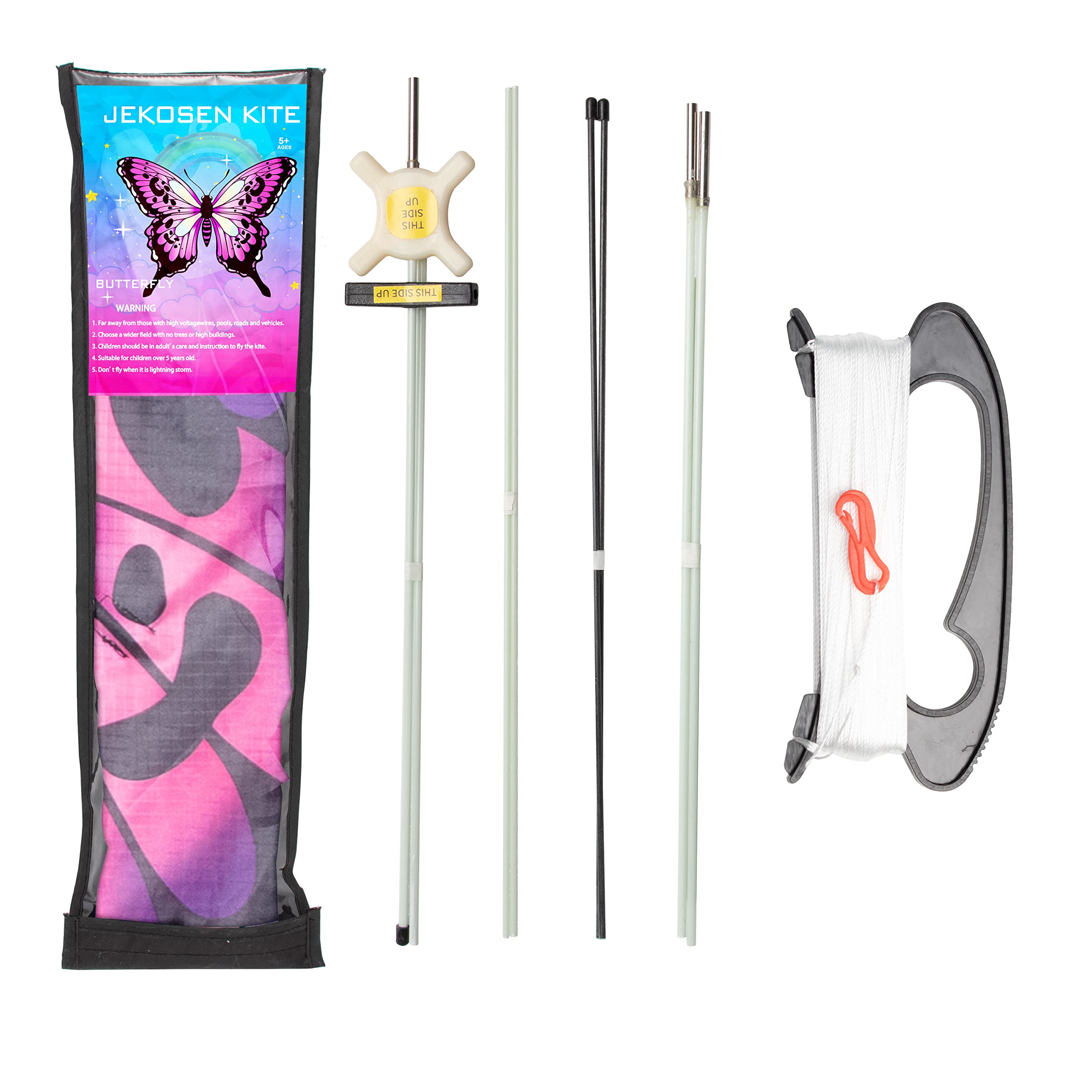 JEKOSEN Large Butterfly Kite for Kids and Adults – 51" Wing, 79" Tail, Easy to Fly Beginner Single Line with 330ft String, Pink