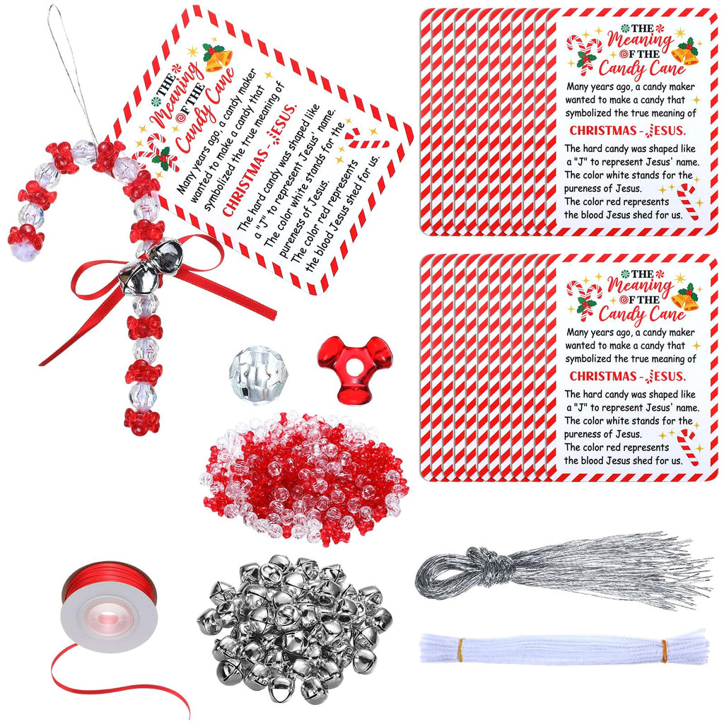 JellyArch 24-Set Candy Cane Ornament Craft Kit with Beads, Bells, and Story Cards – Red