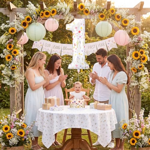 Jenaai 40-Inch Wildflower Number 1 Balloon – First Birthday Floral Party Decoration with Straw