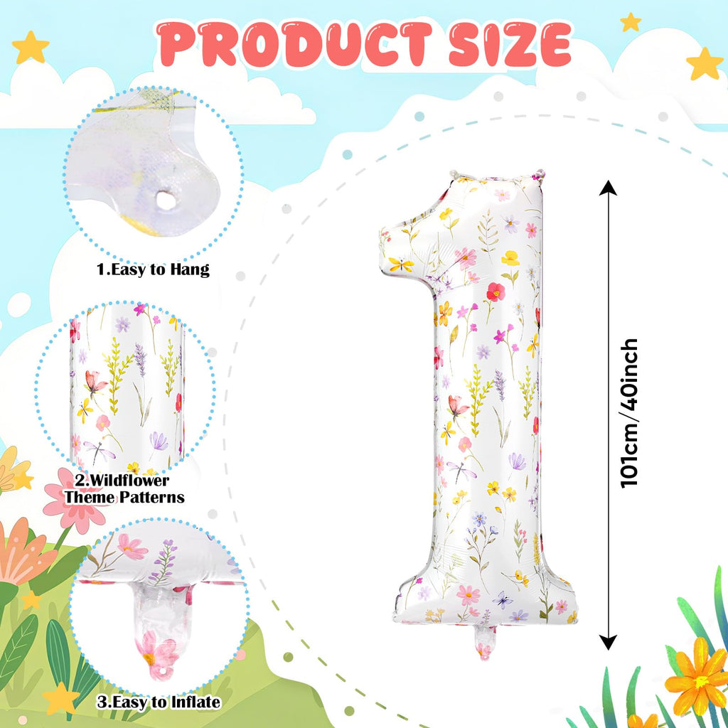 Jenaai 40-Inch Wildflower Number 1 Balloon – First Birthday Floral Party Decoration with Straw