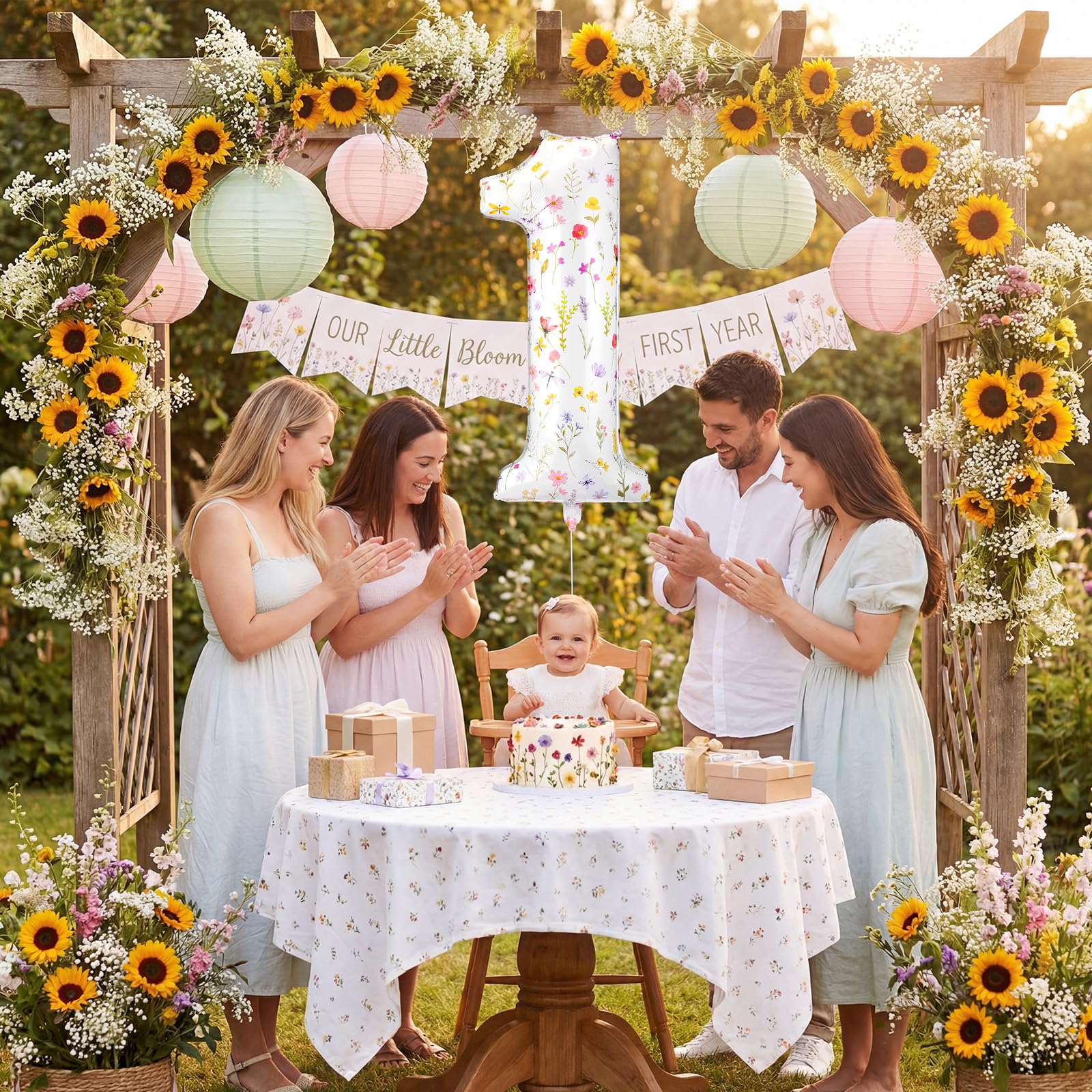 Jenaai 40-Inch Wildflower Number 1 Balloon – First Birthday Floral Party Decoration with Straw