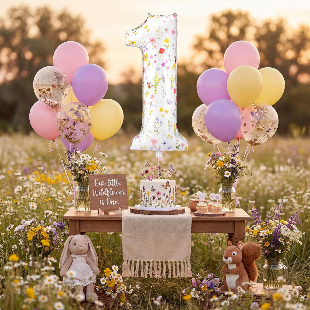 Jenaai 40-Inch Wildflower Number 1 Balloon – First Birthday Floral Party Decoration with Straw