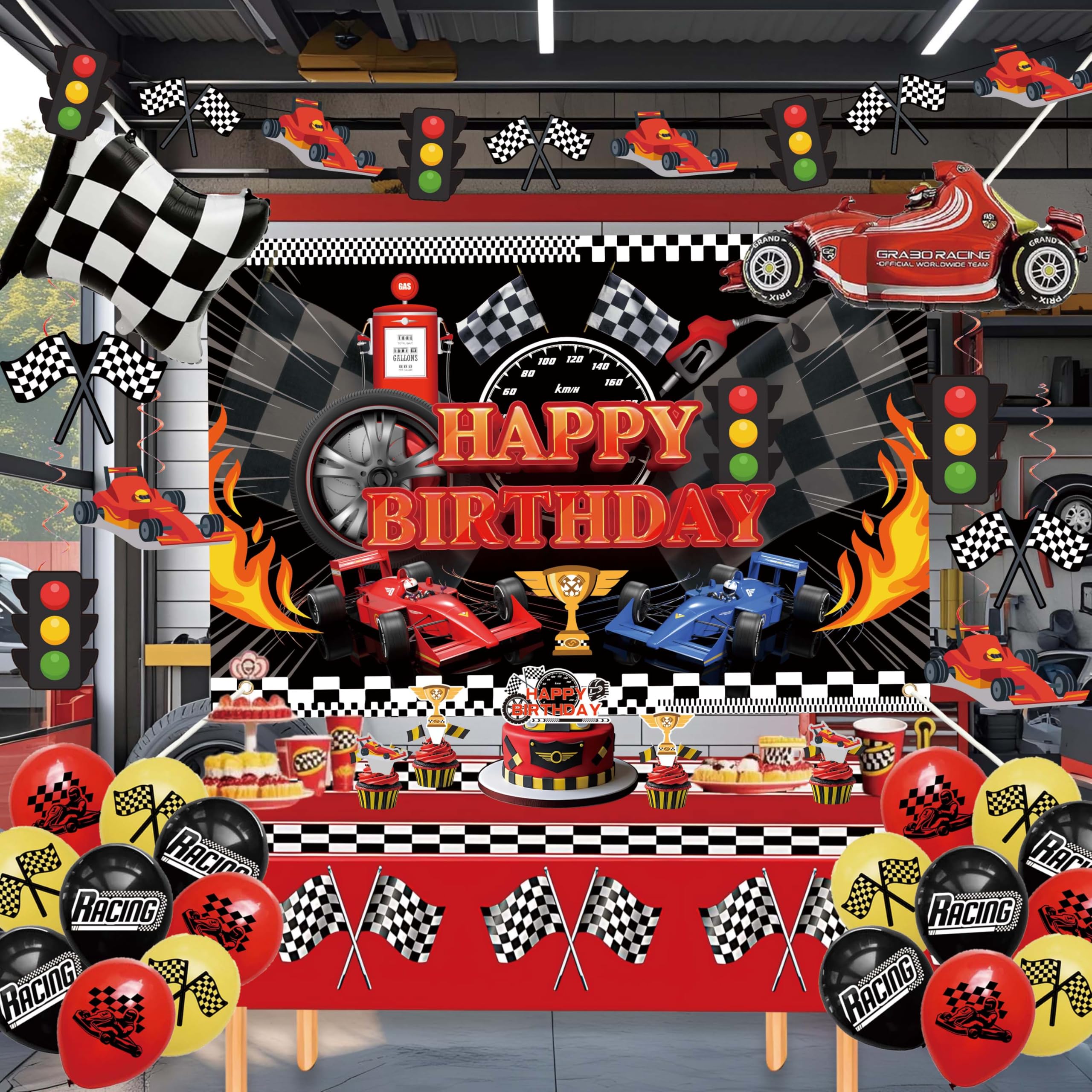 jenlion Race Car Birthday Party Decorations Set – Backdrop, Banner, Balloons, Tablecloth & Cake Toppers