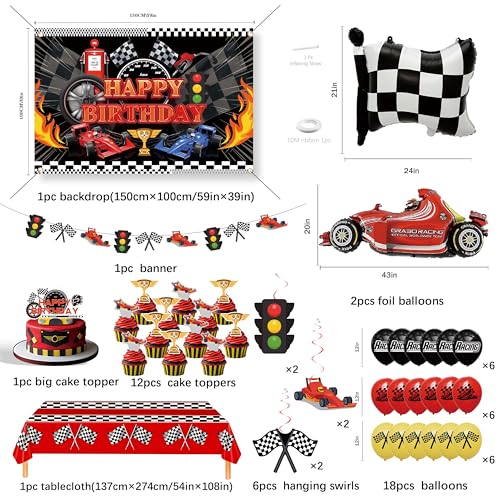 jenlion Race Car Birthday Party Decorations Set – Backdrop, Banner, Balloons, Tablecloth & Cake Toppers