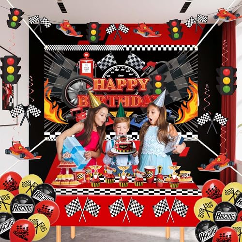 jenlion Race Car Birthday Party Decorations Set – Backdrop, Banner, Balloons, Tablecloth & Cake Toppers