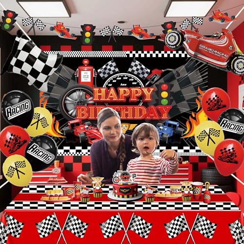 jenlion Race Car Birthday Party Decorations Set – Backdrop, Banner, Balloons, Tablecloth & Cake Toppers