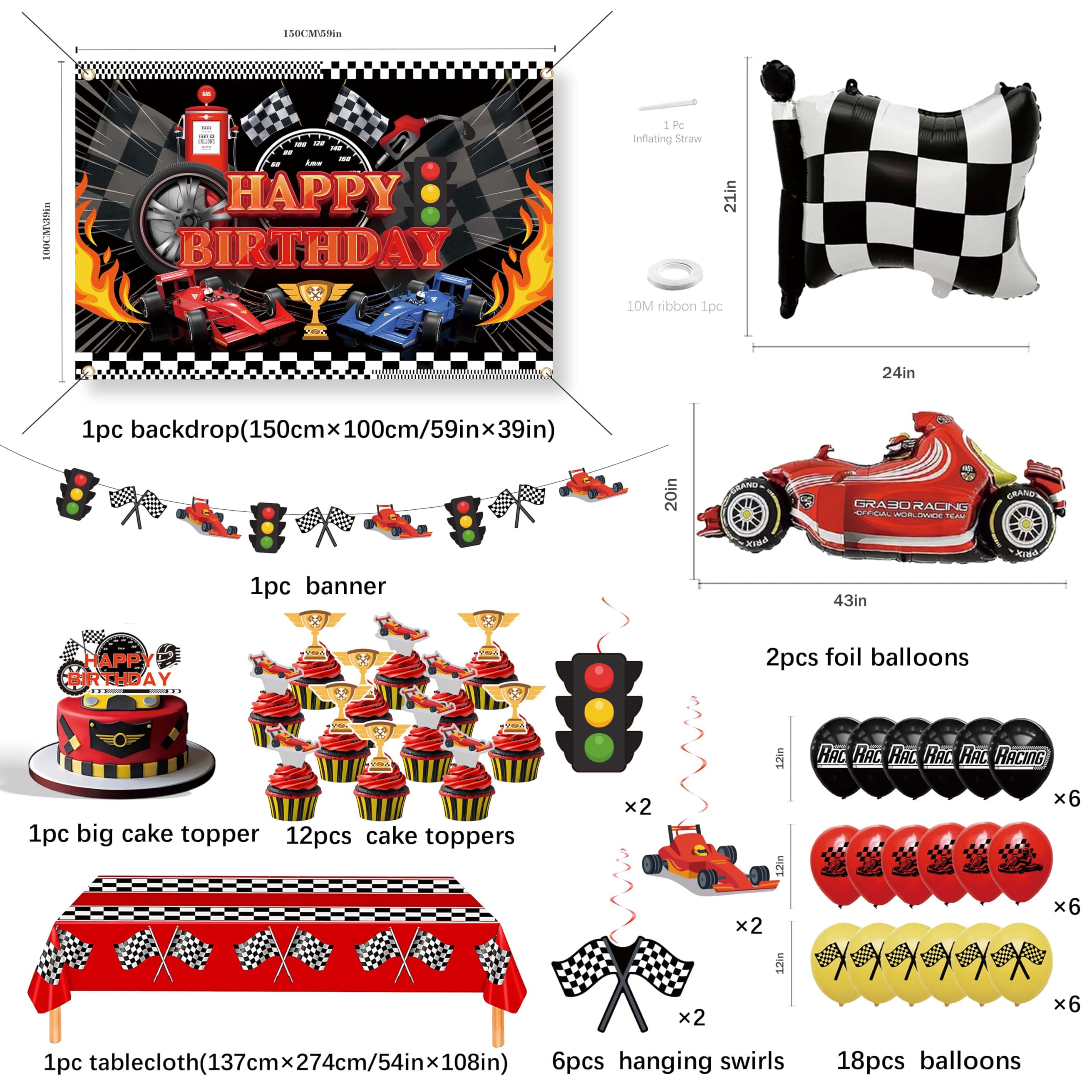 jenlion Race Car Birthday Party Decorations Set – Backdrop, Banner, Balloons, Tablecloth & Cake Toppers