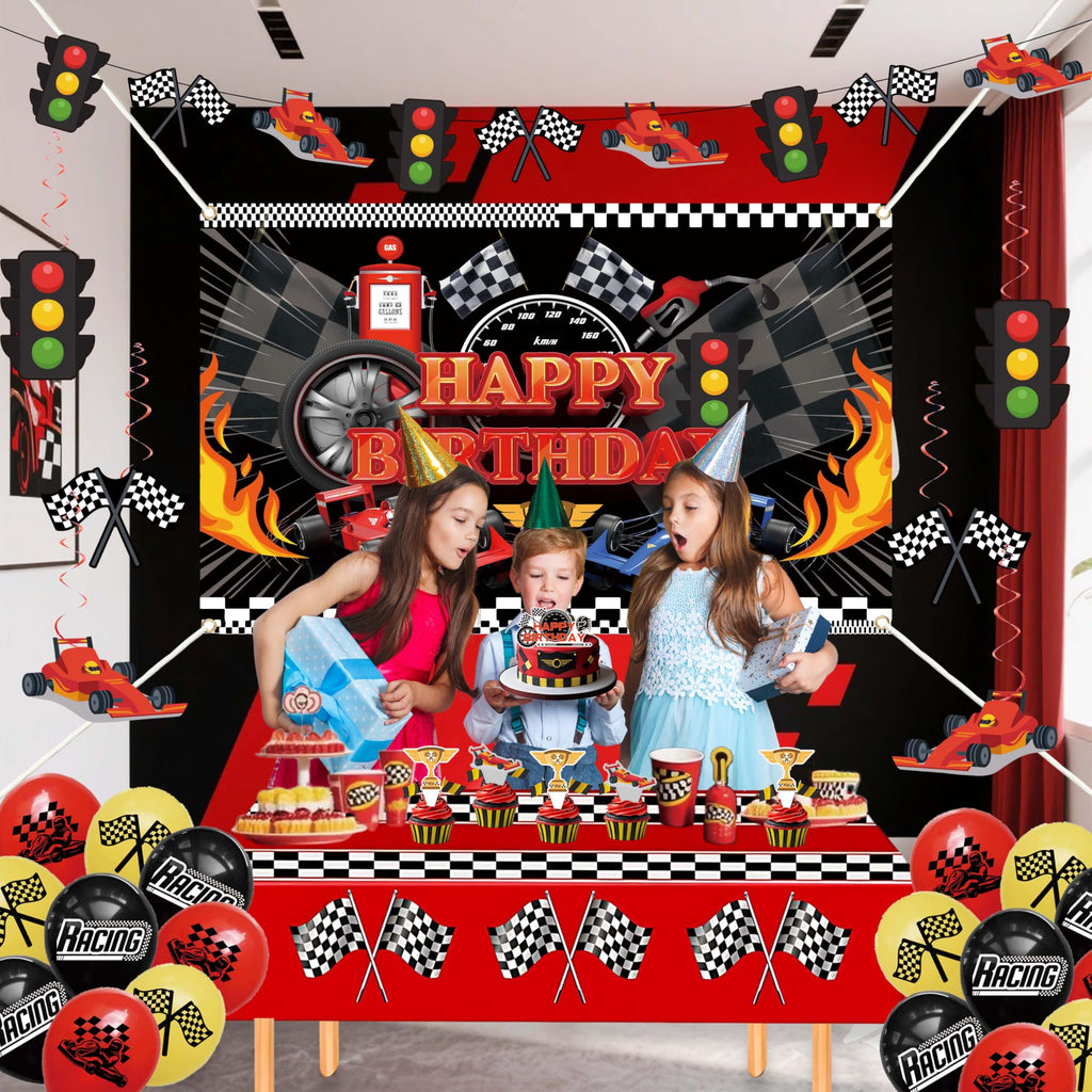 jenlion Race Car Birthday Party Decorations Set – Backdrop, Banner, Balloons, Tablecloth & Cake Toppers