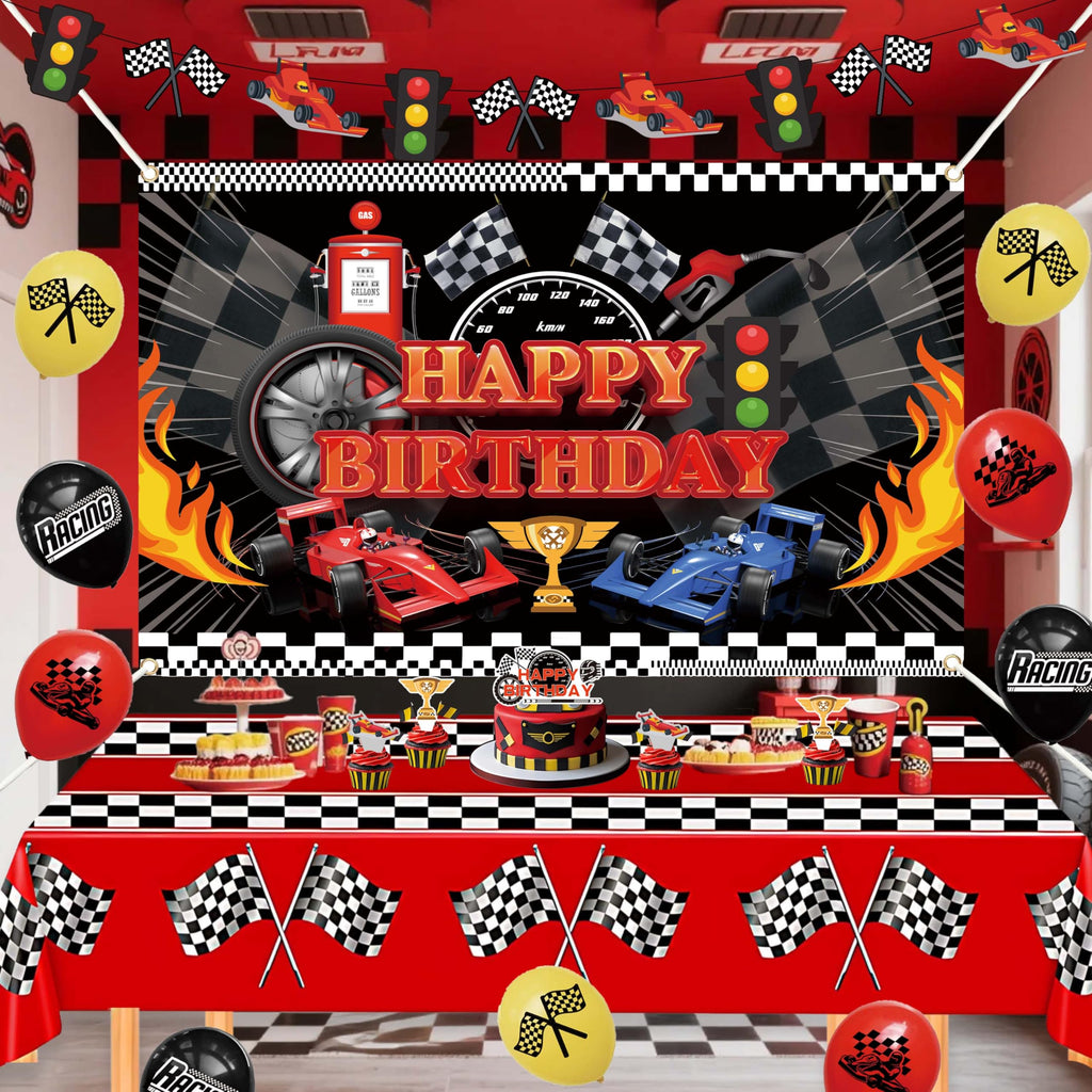 jenlion Race Car Birthday Party Decorations Set – Backdrop, Banner, Balloons, Tablecloth & Cake Toppers