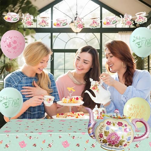Jenlion Tea Party Decorations Kit – Pastel Balloons, Backdrop, Teapot Foil Balloon & Tablecloth for Women's Birthday or Bridal Shower