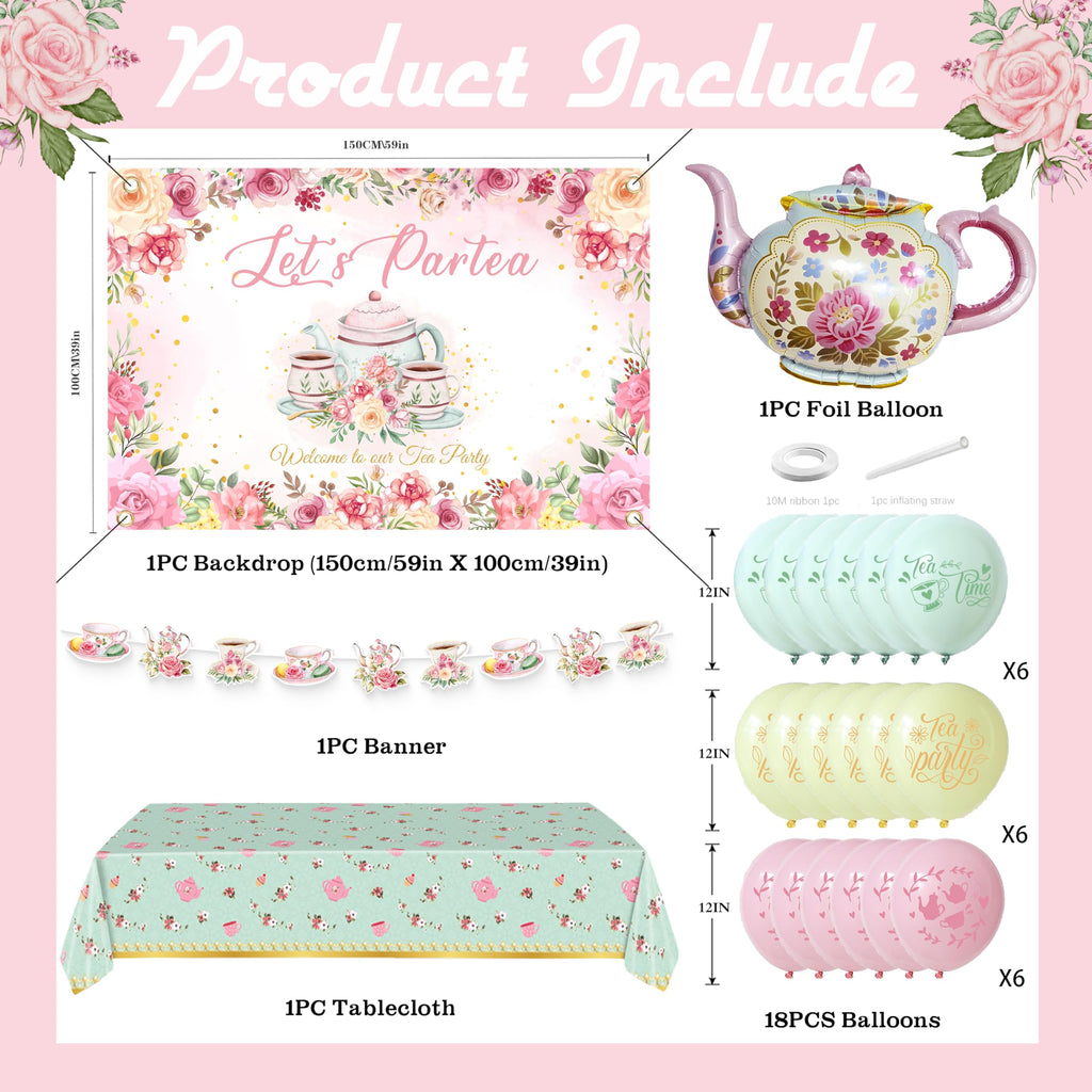 Jenlion Tea Party Decorations Kit – Pastel Balloons, Backdrop, Teapot Foil Balloon & Tablecloth for Women's Birthday or Bridal Shower