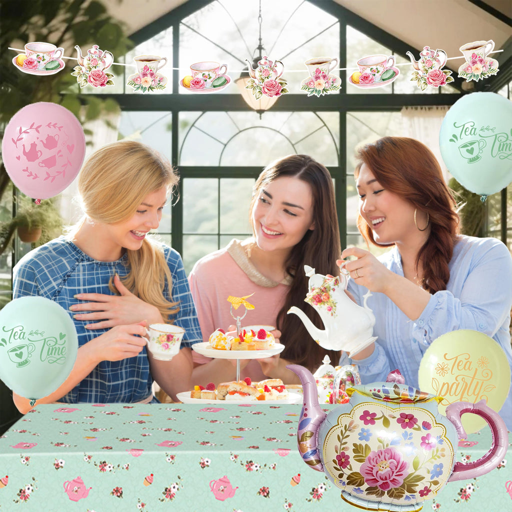 Jenlion Tea Party Decorations Kit – Pastel Balloons, Backdrop, Teapot Foil Balloon & Tablecloth for Women's Birthday or Bridal Shower