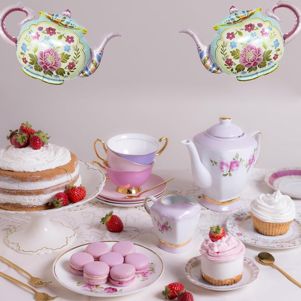 Jenlion Tea Party Decorations Kit – Pastel Balloons, Backdrop, Teapot Foil Balloon & Tablecloth for Women's Birthday or Bridal Shower