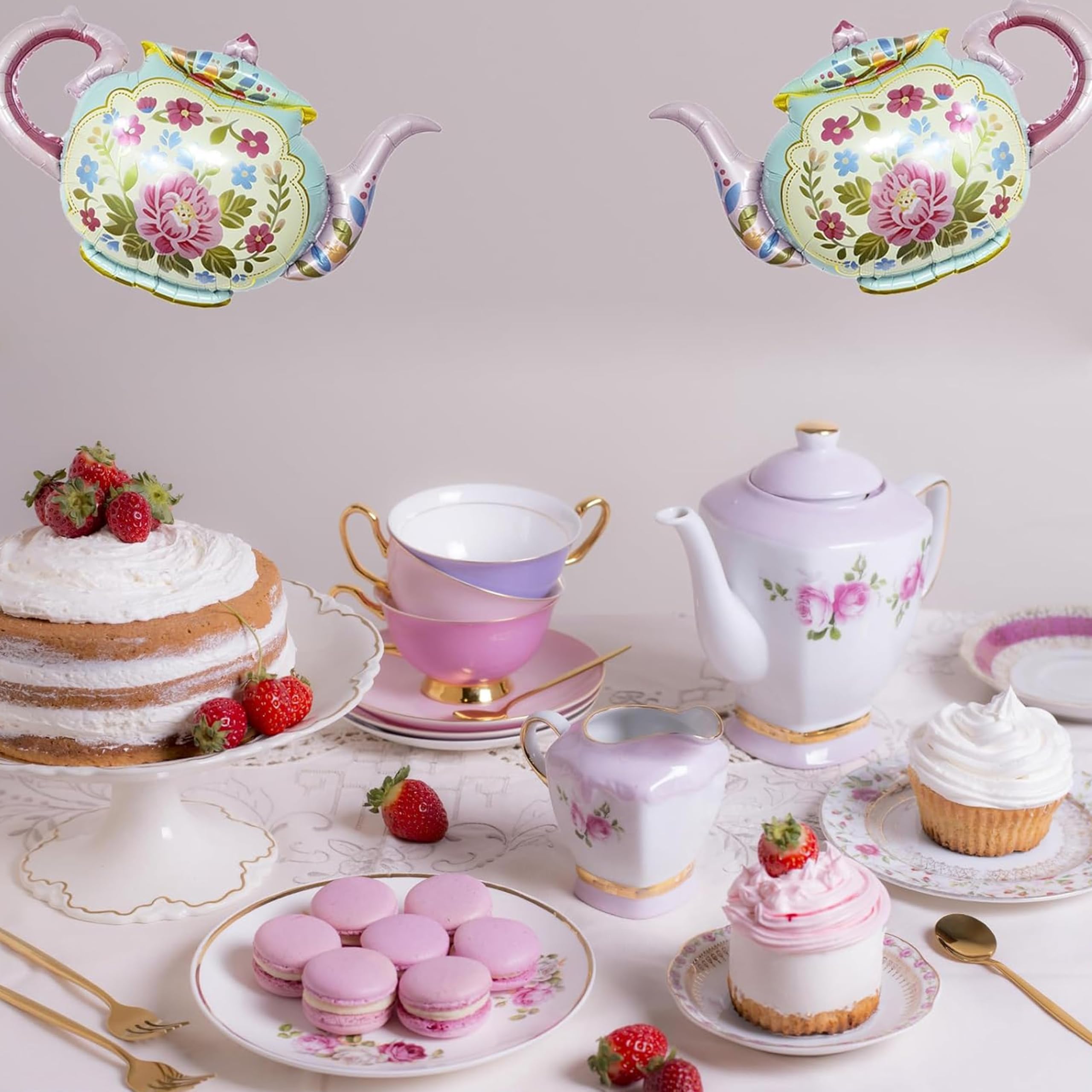 Jenlion Tea Party Decorations Kit – Pastel Balloons, Backdrop, Teapot Foil Balloon & Tablecloth for Women's Birthday or Bridal Shower