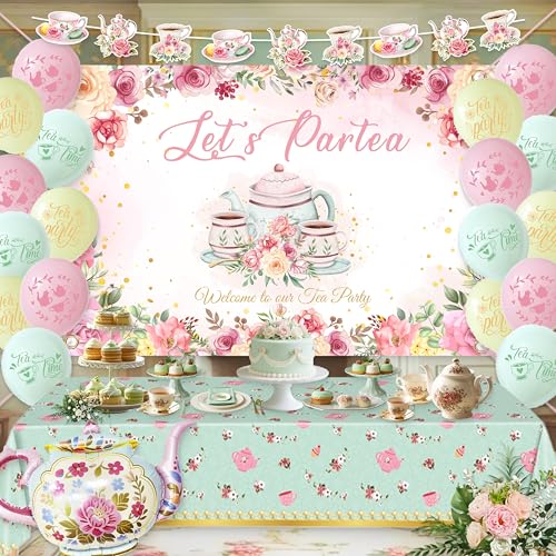 Jenlion Tea Party Decorations Kit – Pastel Balloons, Backdrop, Teapot Foil Balloon & Tablecloth for Women's Birthday or Bridal Shower
