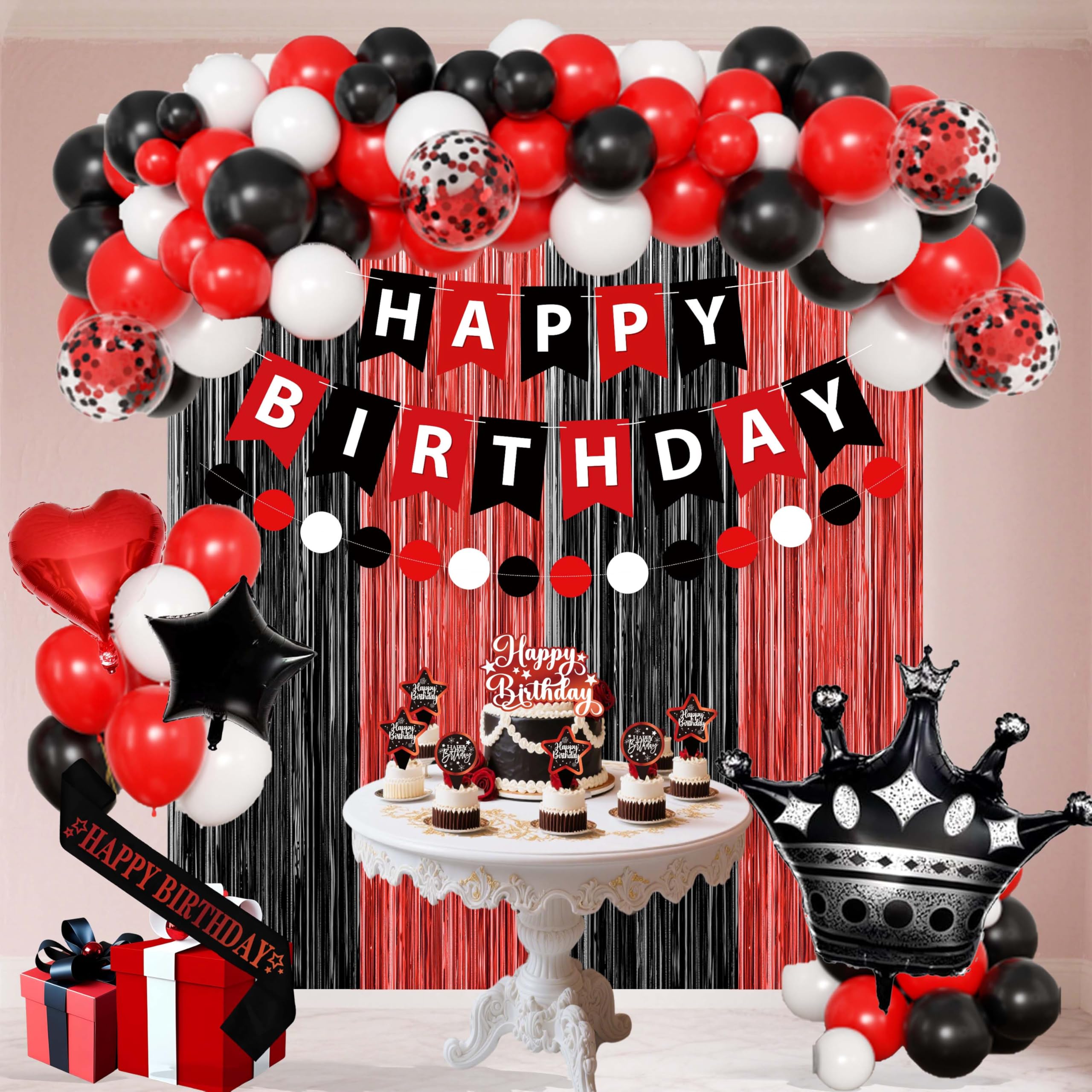 jenmir Red and Black Birthday Decoration Set - Fringe Backdrop, Balloons, Cake Toppers for Women & Girls