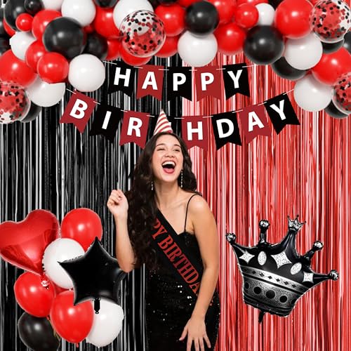 jenmir Red and Black Birthday Decoration Set - Fringe Backdrop, Balloons, Cake Toppers for Women & Girls