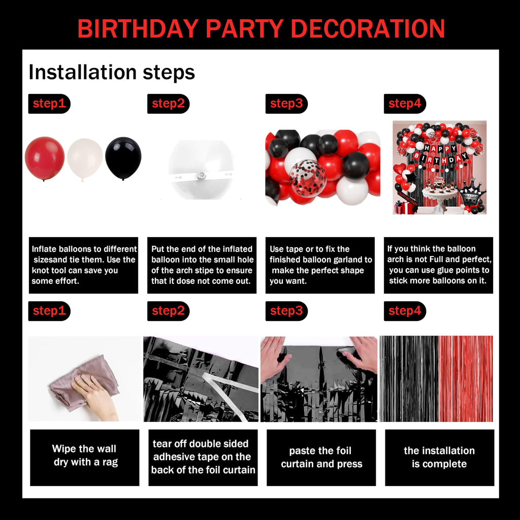 jenmir Red and Black Birthday Decoration Set - Fringe Backdrop, Balloons, Cake Toppers for Women & Girls