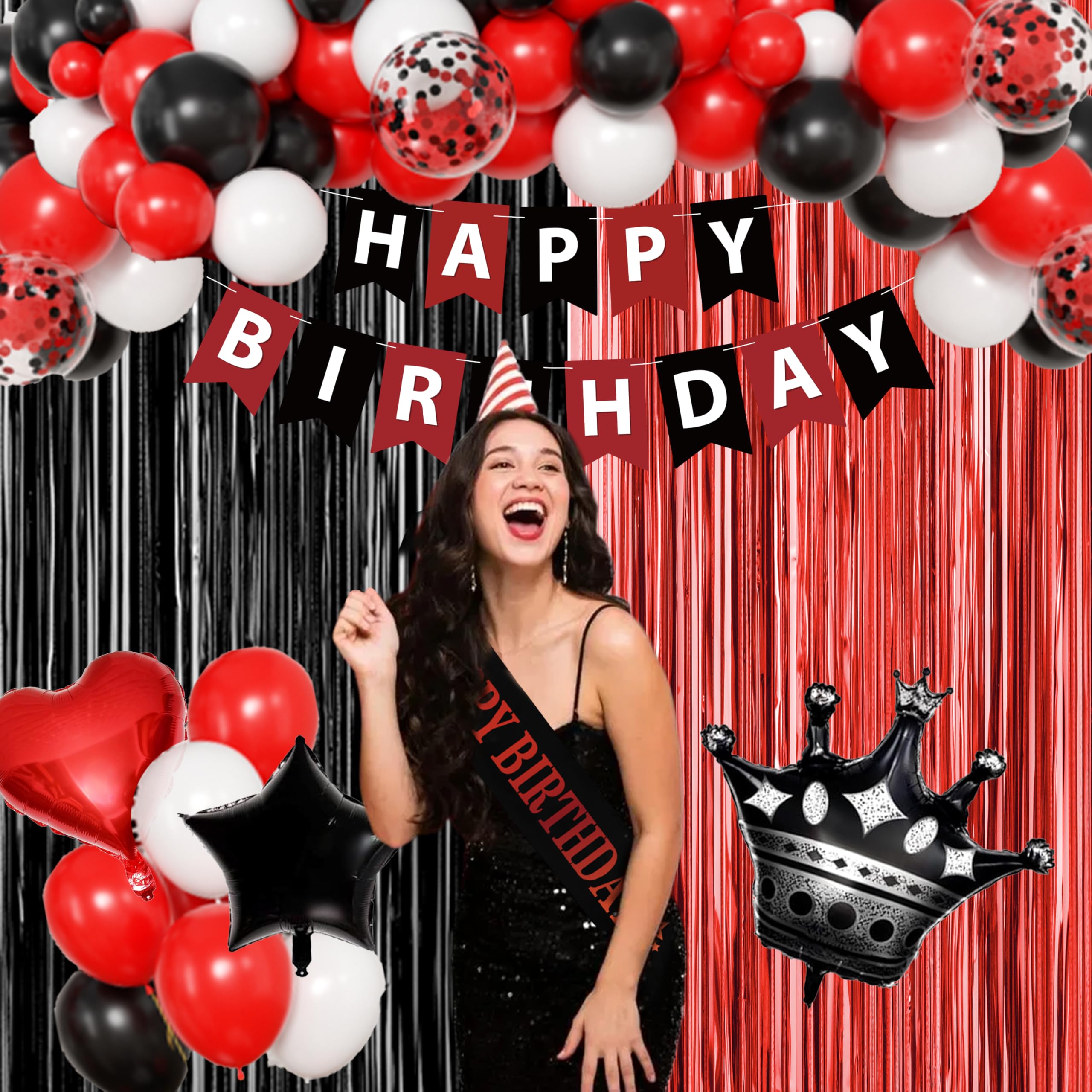 jenmir Red and Black Birthday Decoration Set - Fringe Backdrop, Balloons, Cake Toppers for Women & Girls