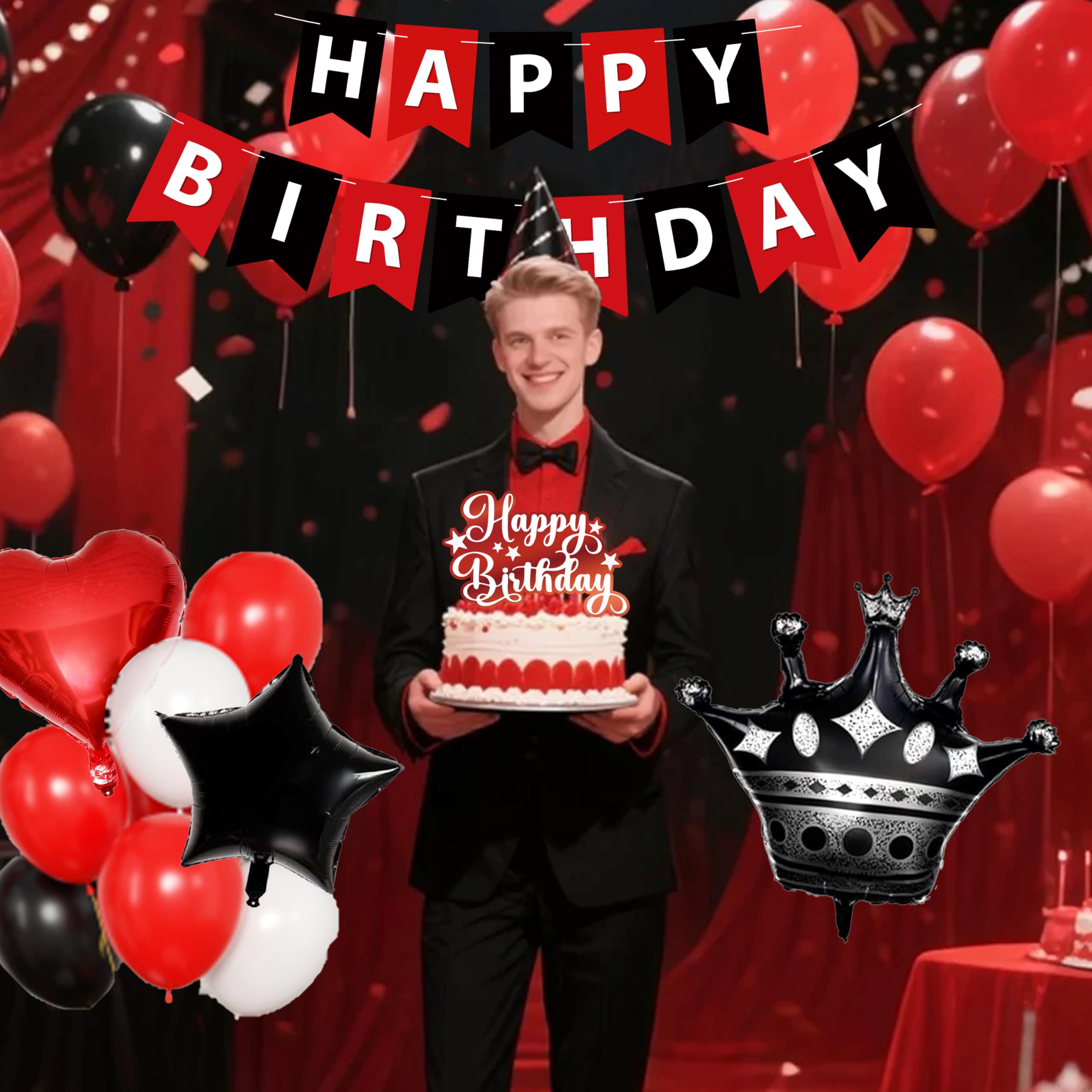 jenmir Red and Black Birthday Decoration Set - Fringe Backdrop, Balloons, Cake Toppers for Women & Girls