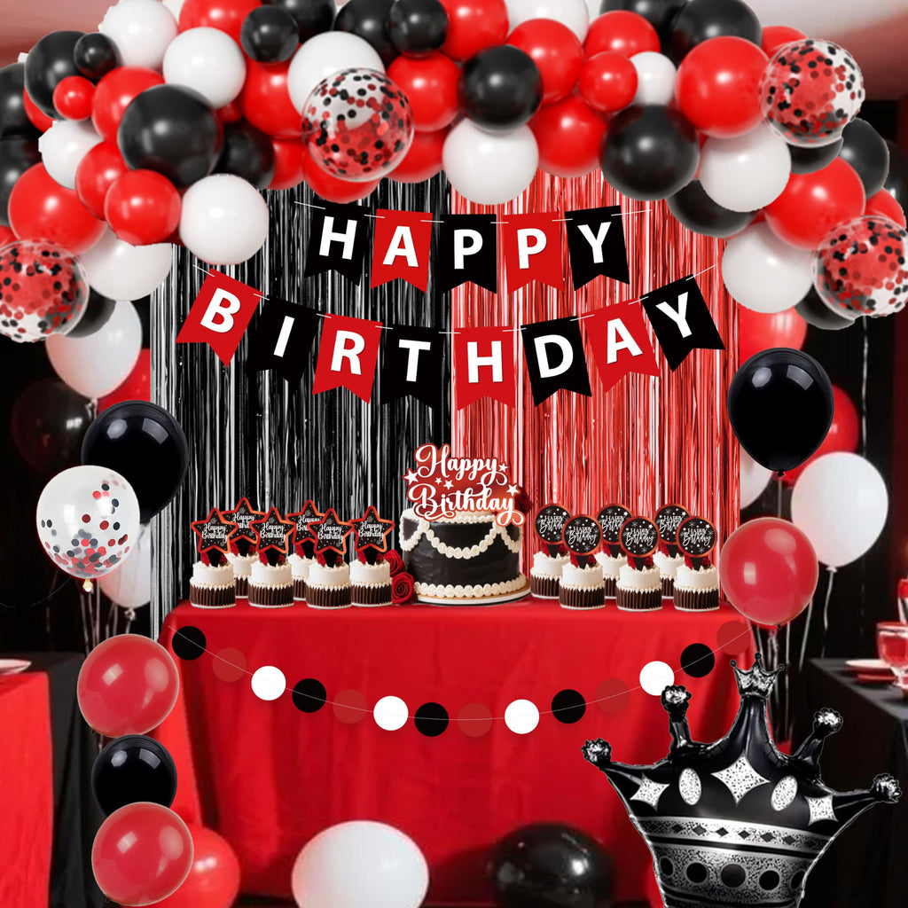 jenmir Red and Black Birthday Decoration Set - Fringe Backdrop, Balloons, Cake Toppers for Women & Girls