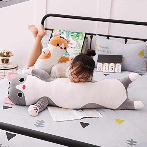 Jensquaify Long Cat Plush Pillow 19.68 Inch Gray - Soft Stretch Velvet Body Pillow for Kids