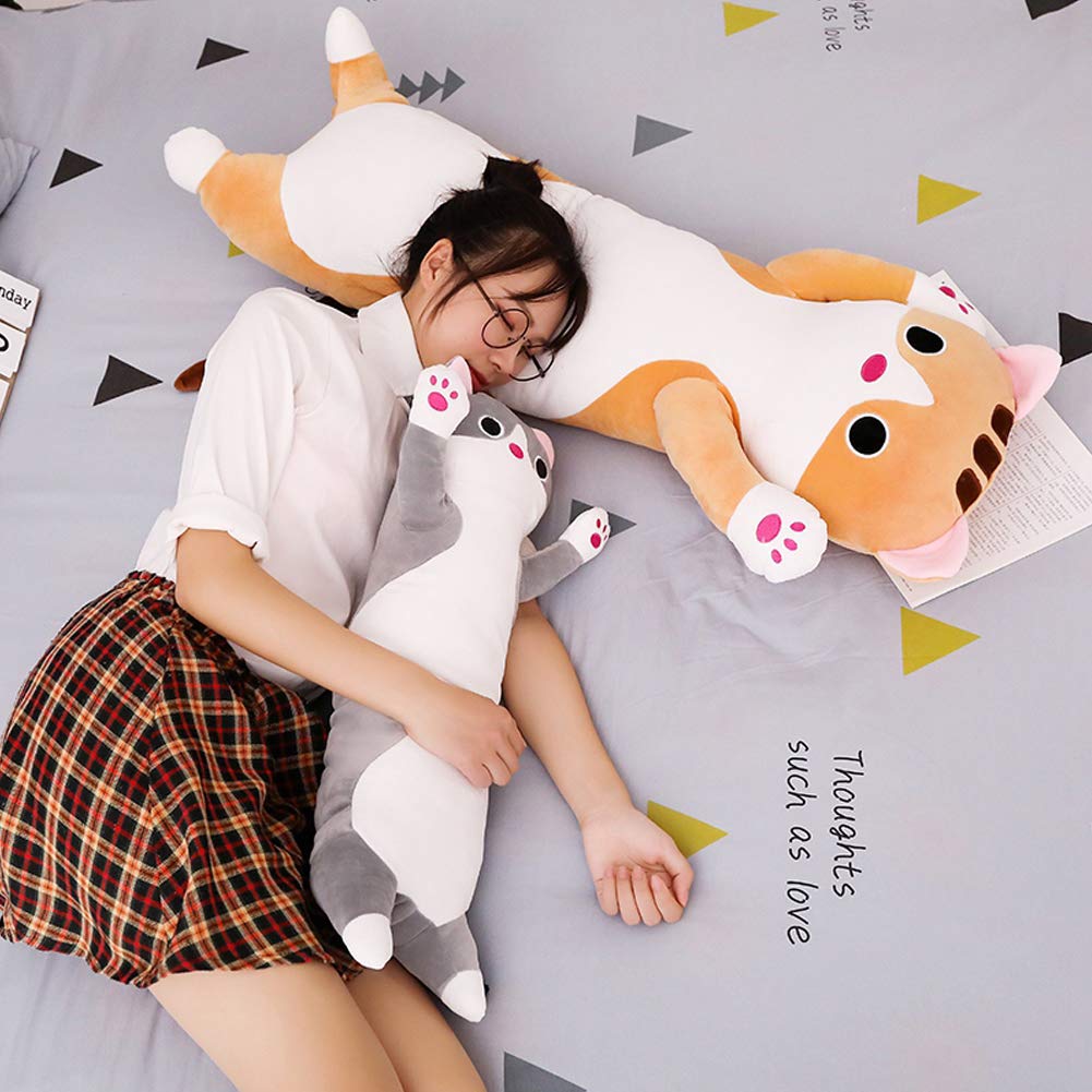 Jensquaify Long Cat Plush Pillow 19.68 Inch Gray - Soft Stretch Velvet Body Pillow for Kids