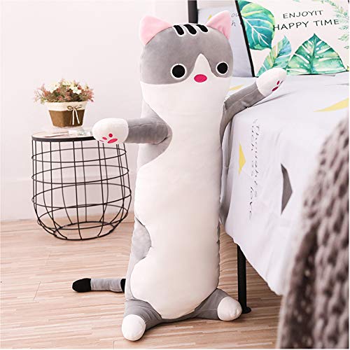 Jensquaify Long Cat Plush Pillow 19.68 Inch Gray - Soft Stretch Velvet Body Pillow for Kids