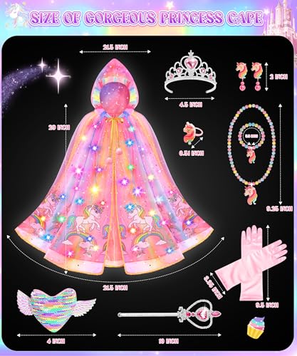 Jeowoqao Light-Up Princess Cape Dress-Up Set for Girls 4-6: Includes Crown, Gloves, Wand, Bag & Jewelry