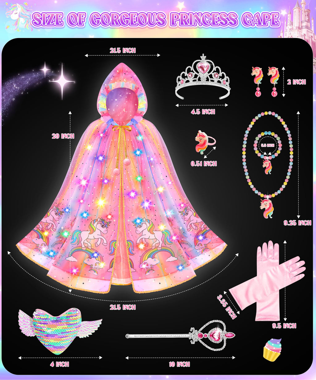 Jeowoqao Light-Up Princess Cape Dress-Up Set for Girls 4-6: Includes Crown, Gloves, Wand, Bag & Jewelry
