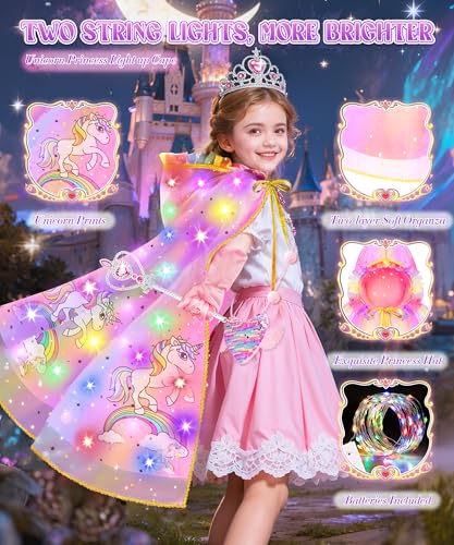 Jeowoqao Light-Up Princess Cape Dress-Up Set for Girls 4-6: Includes Crown, Gloves, Wand, Bag & Jewelry
