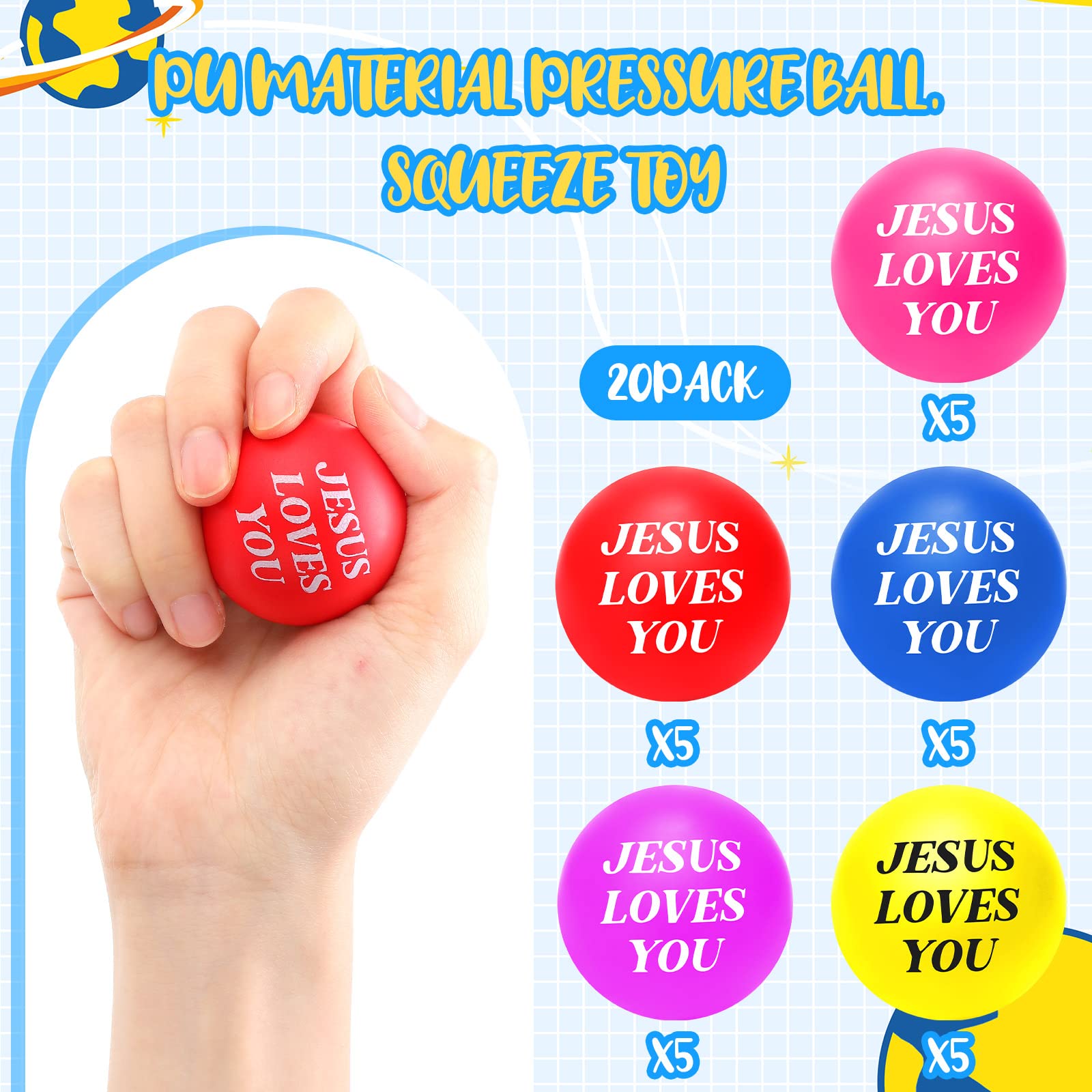 Jerify 20 Pack Christian Stress Balls – Jesus Loves You Foam Squeeze Toys for Church, Classroom, Graduation Gifts, Party Favors (Colorful, 1.57 Inch)