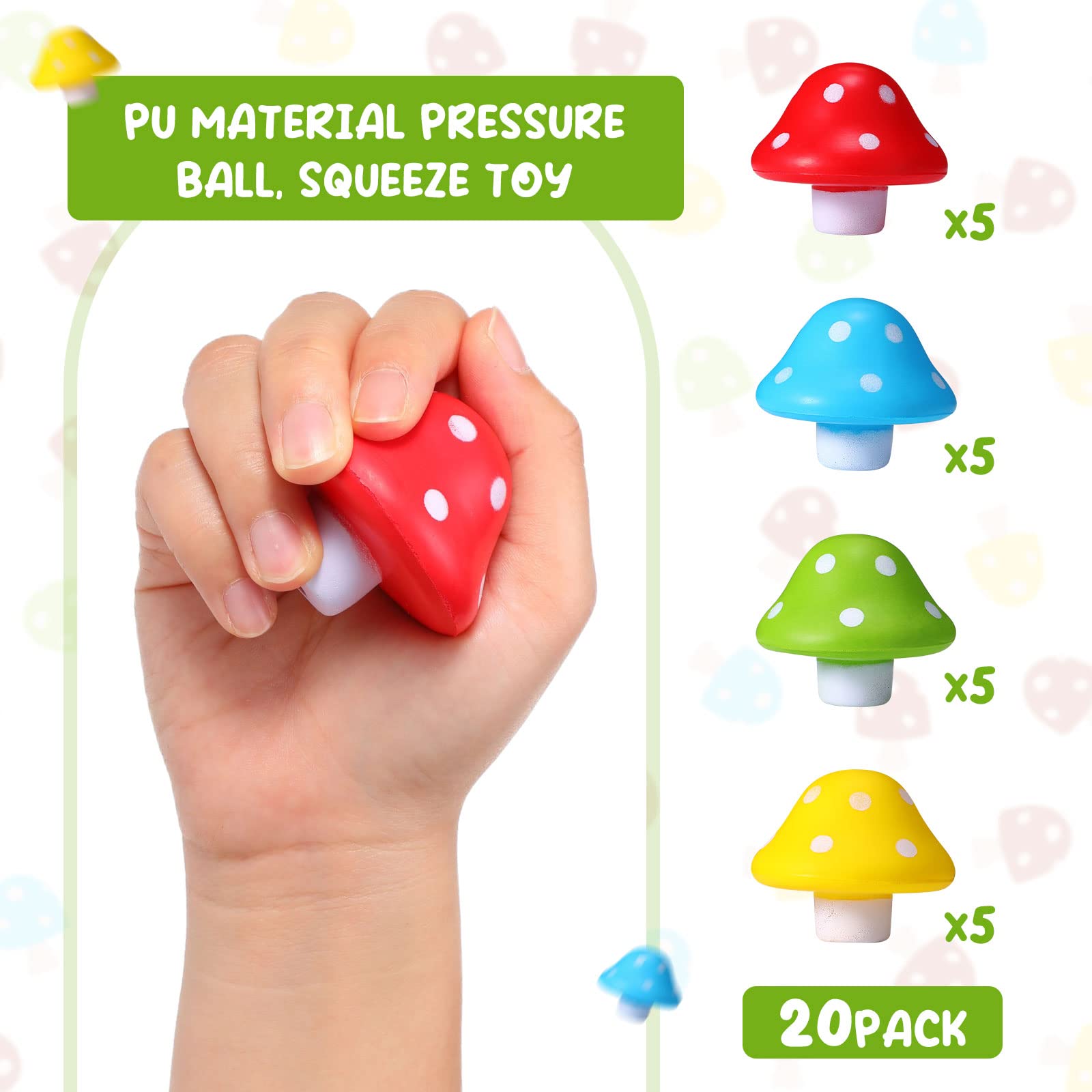 Jerify 20-Pack Mini Mushroom Stress Balls - 1.57 Inch PU Foam Fidget Toys for Adults, Anxiety Relief, Bulk Party Favors (Bright Colors)