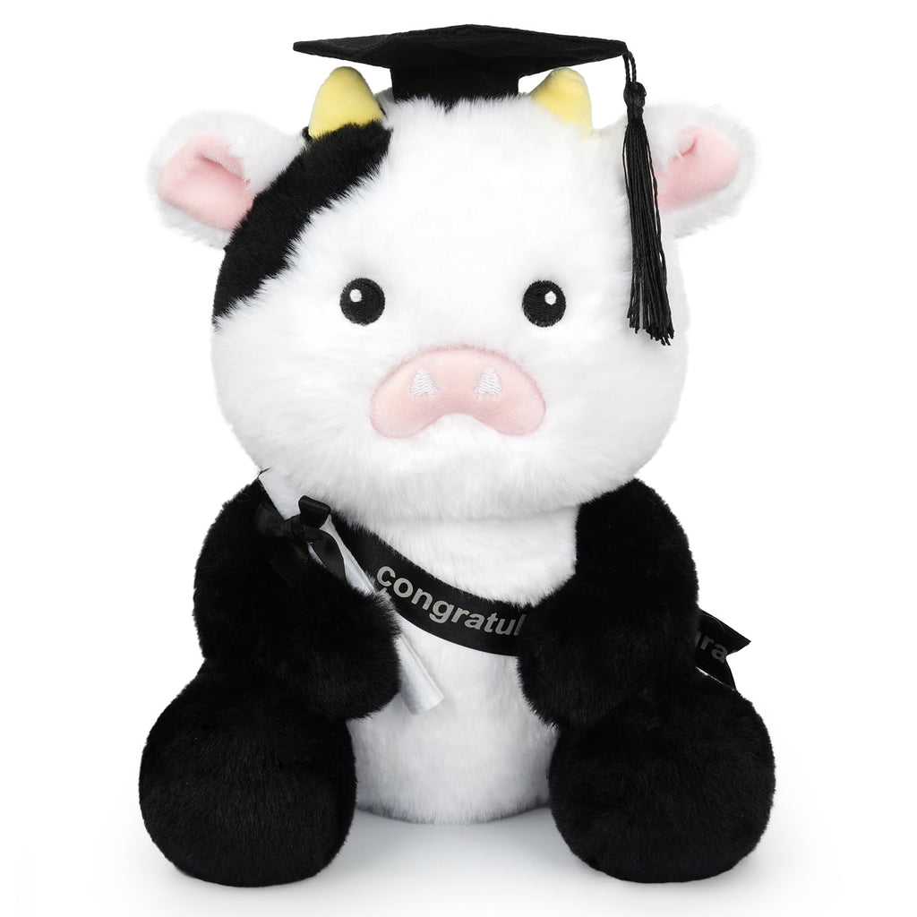 JEROKUMI 10" Black White Graduation Cow Plush 2026 with Cap, Diploma & Sash