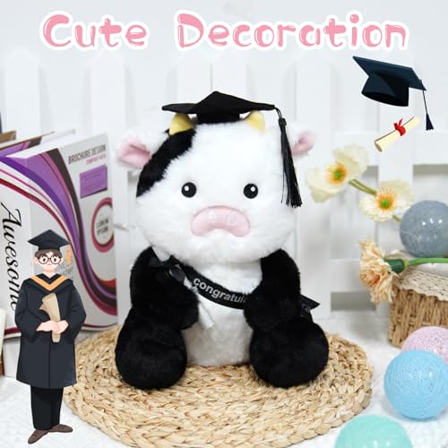 JEROKUMI 10" Black White Graduation Cow Plush 2026 with Cap, Diploma & Sash