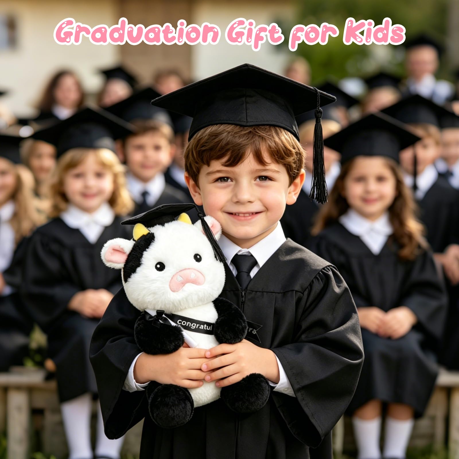 JEROKUMI 10" Black White Graduation Cow Plush 2026 with Cap, Diploma & Sash