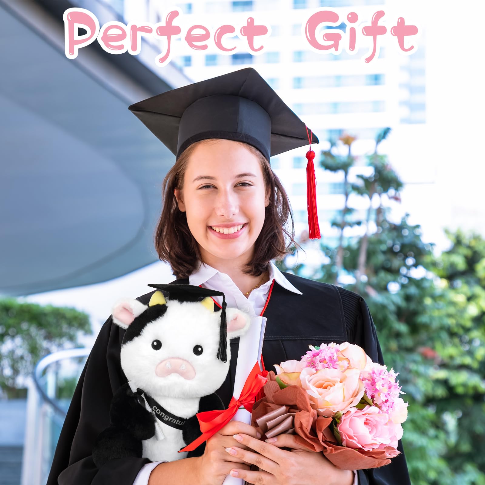 JEROKUMI 10" Black White Graduation Cow Plush 2026 with Cap, Diploma & Sash