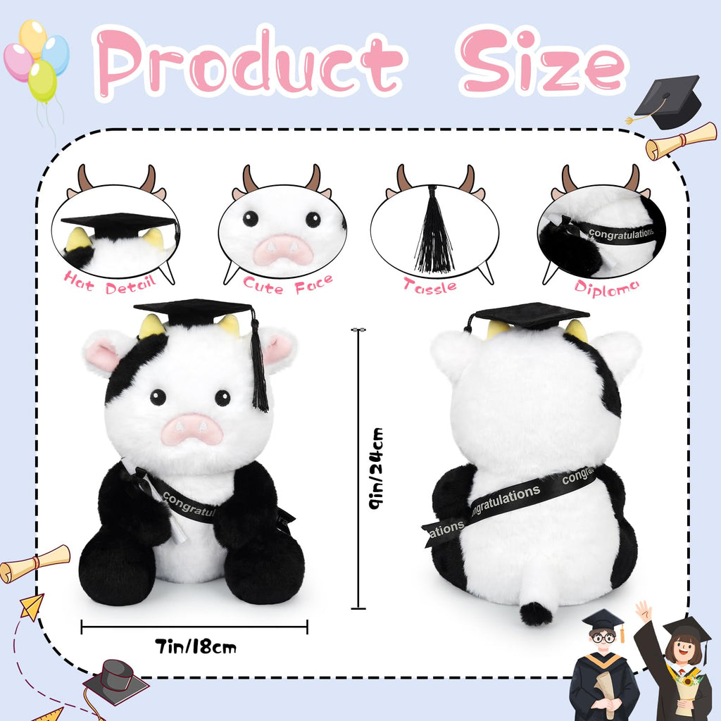 JEROKUMI 10" Black White Graduation Cow Plush 2026 with Cap, Diploma & Sash