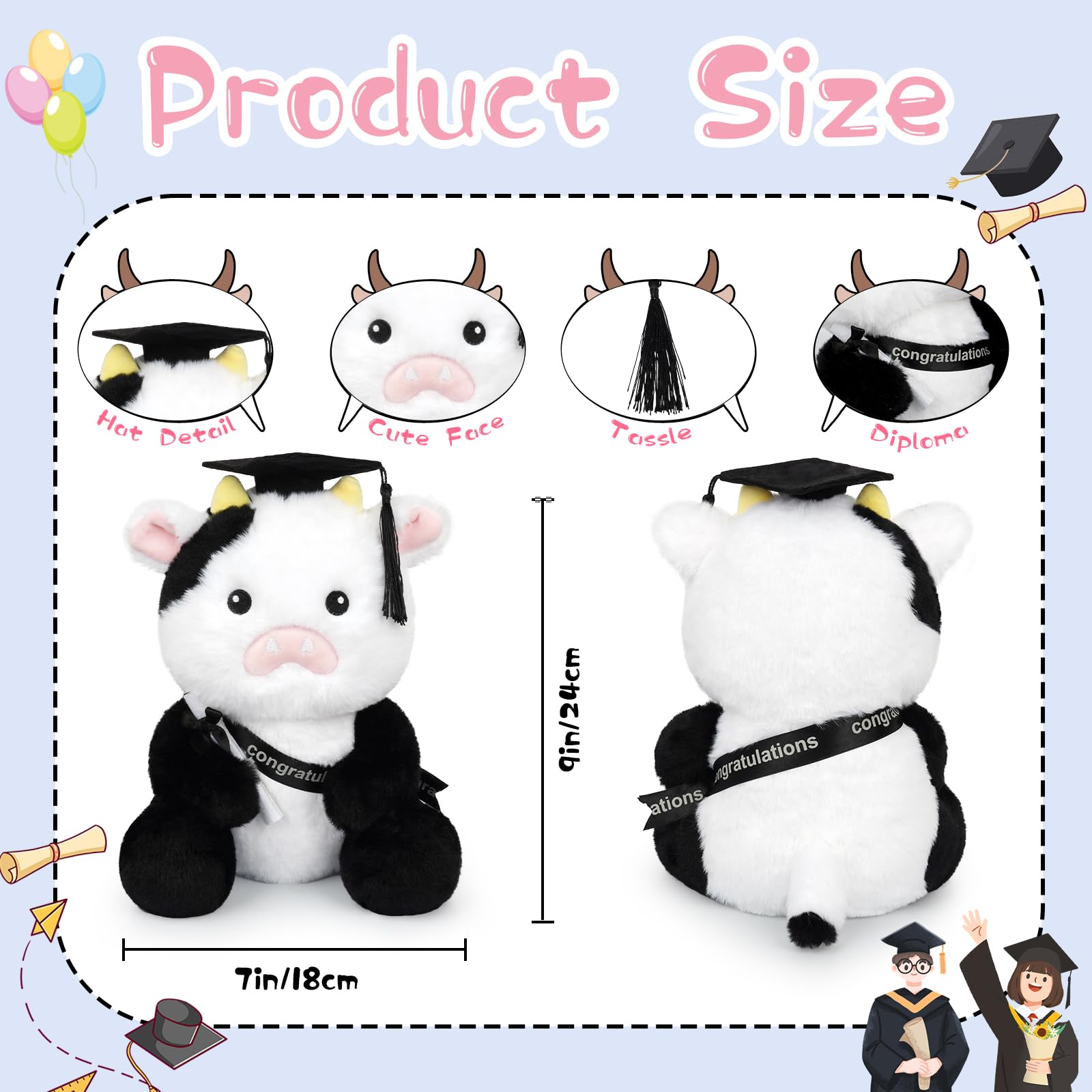 JEROKUMI 10" Black White Graduation Cow Plush 2026 with Cap, Diploma & Sash