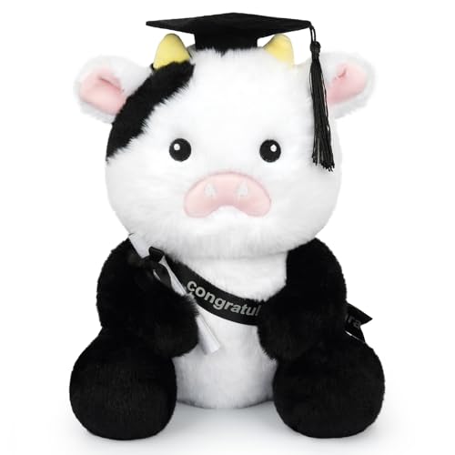 JEROKUMI 10" Black White Graduation Cow Plush 2026 with Cap, Diploma & Sash