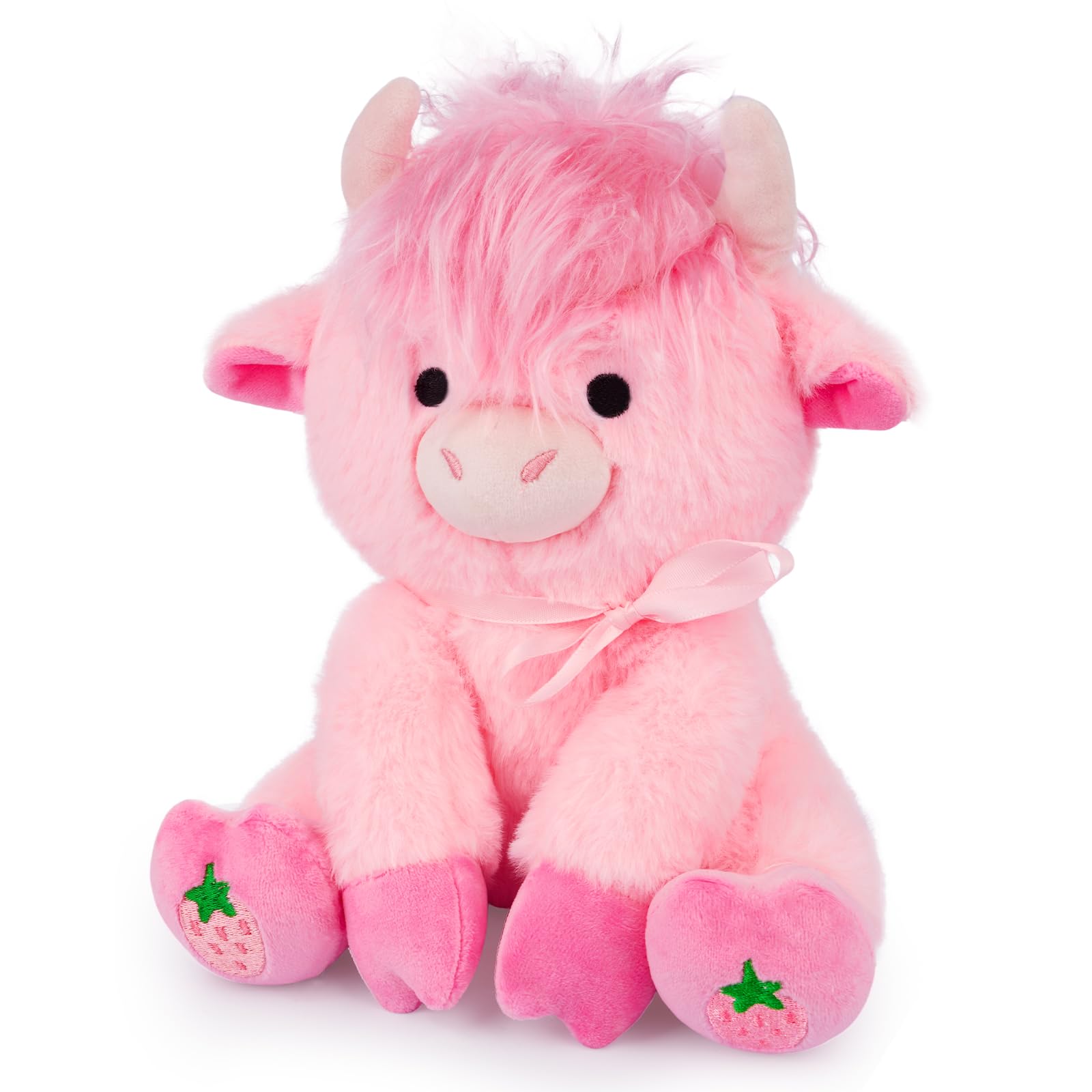 JEROKUMI 8-Inch Strawberry Pink Highland Cow Plush with Ribbon Bow, Stylable Fringe and Strawberry Embroidery, Soft Stuffed Animal for Kids and Girlfriends