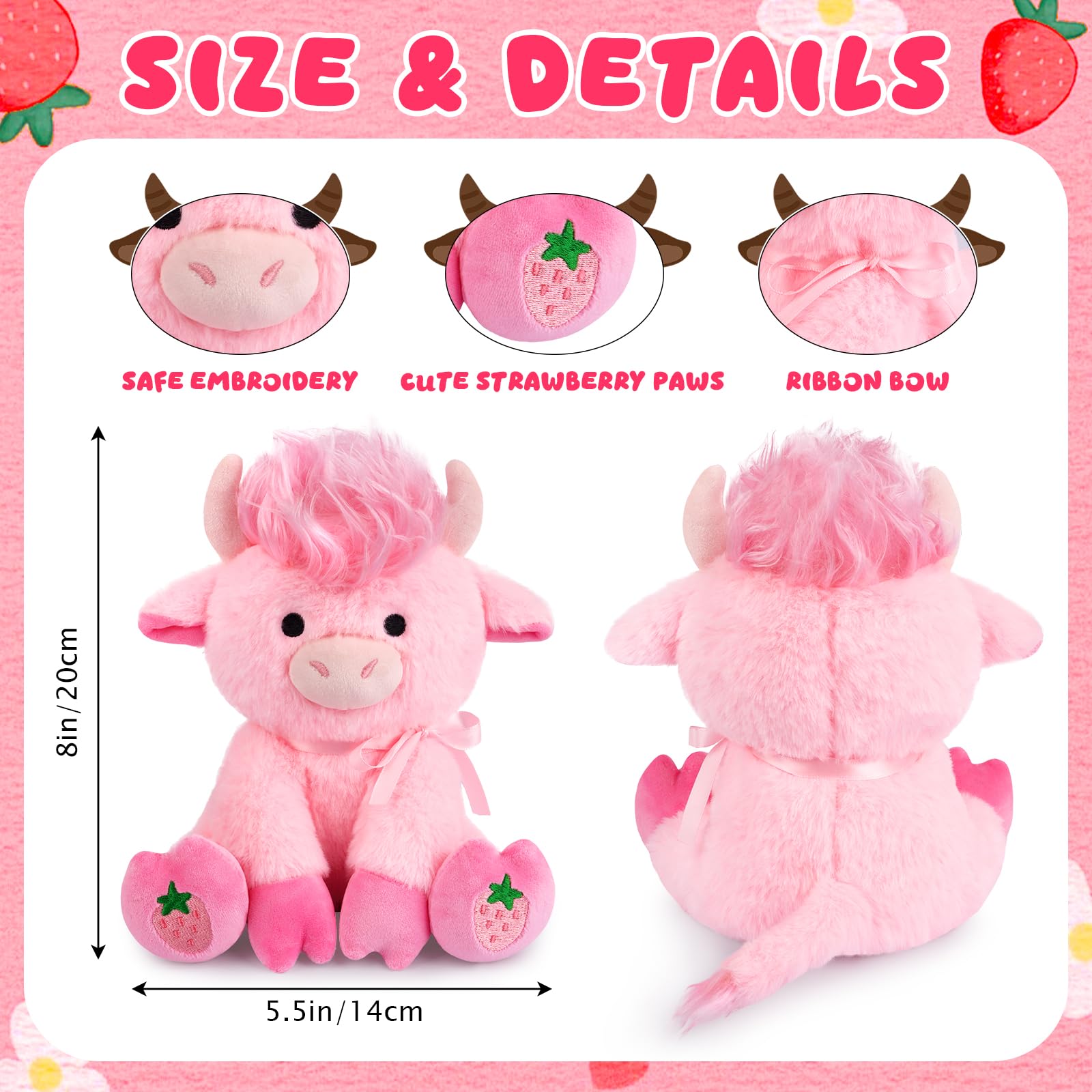JEROKUMI 8-Inch Strawberry Pink Highland Cow Plush with Ribbon Bow, Stylable Fringe and Strawberry Embroidery, Soft Stuffed Animal for Kids and Girlfriends