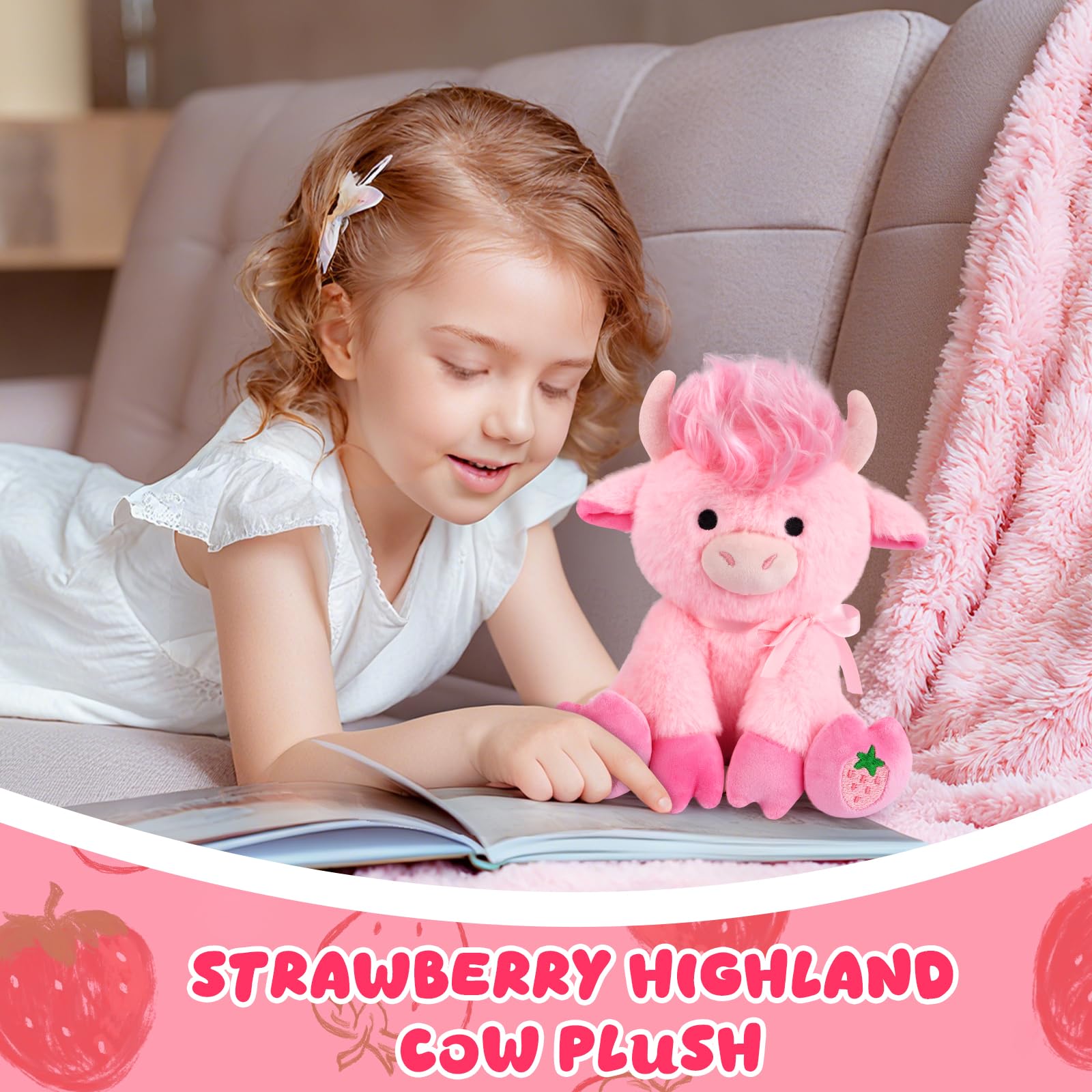 JEROKUMI 8-Inch Strawberry Pink Highland Cow Plush with Ribbon Bow, Stylable Fringe and Strawberry Embroidery, Soft Stuffed Animal for Kids and Girlfriends