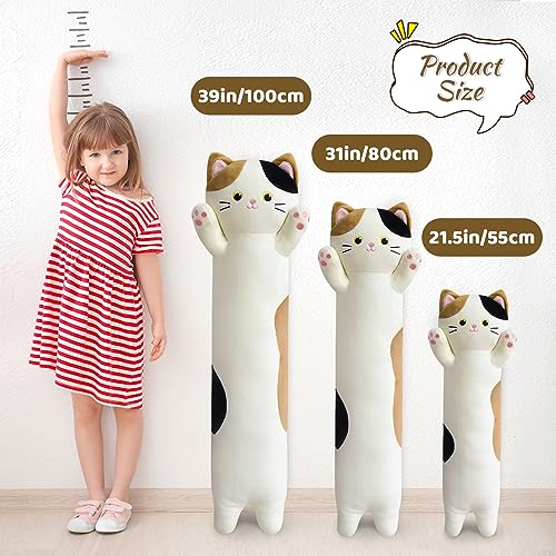 JEROKUMI Calico Cat Plush Pillow - 22 Inch Soft Stuffed Animal Body Pillow, Embroidered Kawaii Plushie for Kids and Adults