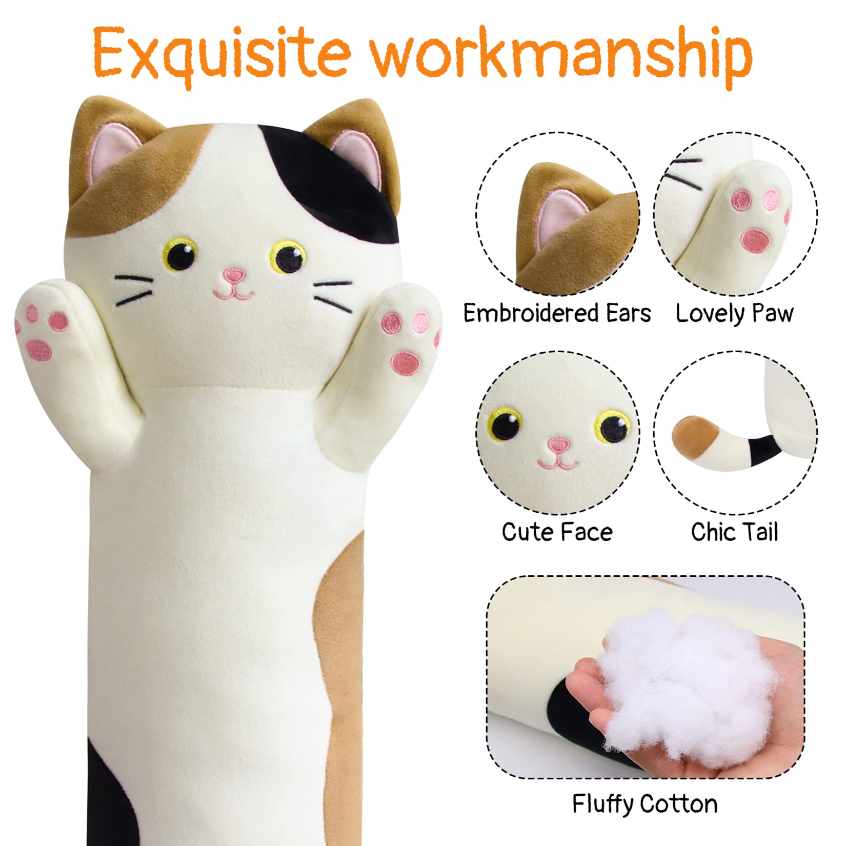 JEROKUMI Calico Cat Plush Pillow - 22 Inch Soft Stuffed Animal Body Pillow, Embroidered Kawaii Plushie for Kids and Adults